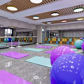 Spacious Fitness Studio With Wooden Ceiling Colored Yoga Mats Exercise Balls Mirrors And Windows
