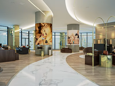 Modern Upscale Retail Store Lobby With Marble Floor Round Columns Sofas Large Windows And Elegant Decor 3d model