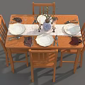 Wooden Dining Table Set With Four Chairs Tableware Vase And Decorations 3d model