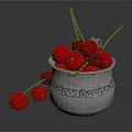 Fresh Ripe Red Cherries in Silver Decorative Container with Scattered Ones