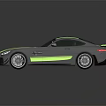 Silver Mercedes AMG Sports Car with Green Stripes and Rear Spoiler Design