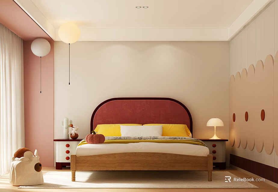 Modern Children's Bed With Pink Wall Circular Decorations Pendant Lights Bedside Tables And Plush Toy 3d model 
