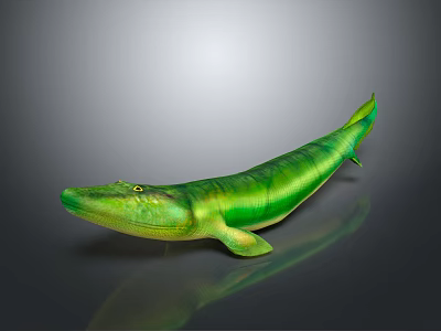 Green Long Bodied Aquatic Reptile With Yellow Stripes On Gray Background 3d model