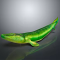 Green Long Bodied Aquatic Reptile With Yellow Stripes On Gray Background