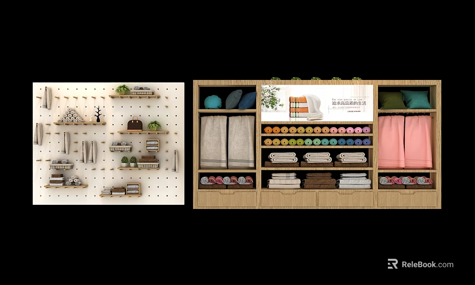Organized Display Shelves For Retail With Towels Pillows And Colorful Items 3d model 