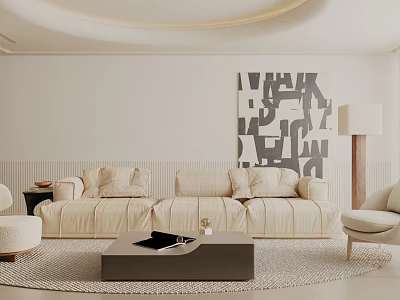 Modern Living Room Interior With Beige Sofa Round Rug Coffee Table And Geometric Wall Art 3d model