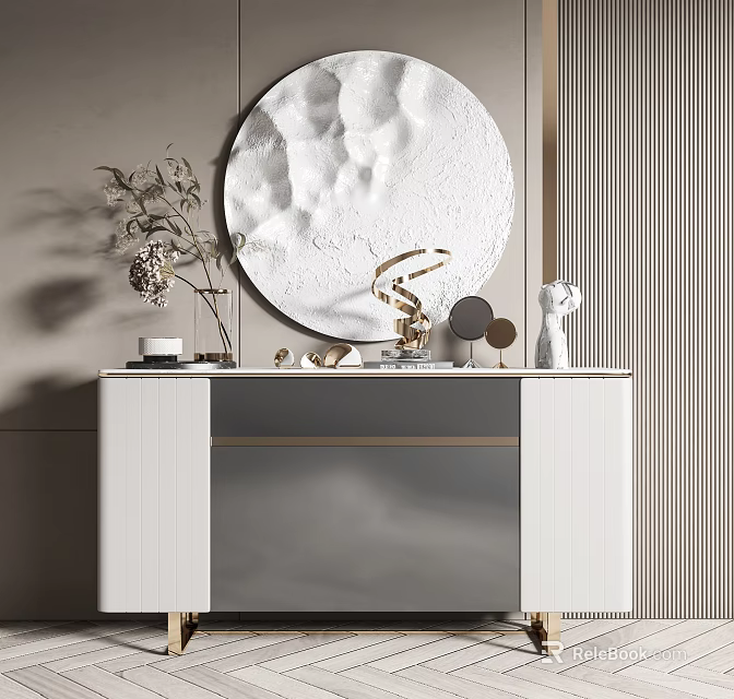 Modern Entryway Console Table White Cabinet with Golden Accents Circular Mirror and Decorative Items 3d model 