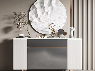 Modern Entryway Console Table White Cabinet with Golden Accents Circular Mirror and Decorative Items 3d model