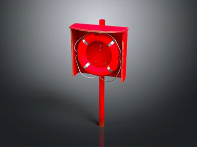 Red Commercial Lifebuoy Storage Box with Open Lid Holding White Lifebuoy on Stand 3d model