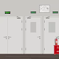 Green Traffic Signs With Three White Doors Red Fire Extinguisher Cabinet And Wall Chart