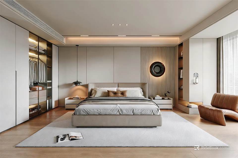 Modern Bedroom Interior With Platform Bed Circular Mirror And Built In Wardrobes 3d model 