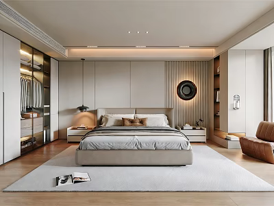 Modern Bedroom Interior With Platform Bed Circular Mirror And Built In Wardrobes 3d model