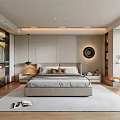 Modern Bedroom Interior With Platform Bed Circular Mirror And Built In Wardrobes