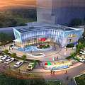 Modern Blue Curved Sales Office Building With Glass Curtain Walls Fountains And Evening Sky Plaza