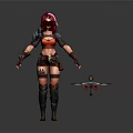 Red-haired Female Warrior in Armor with Skull Patterned Attire and Mechanical Winged Creature 3d model