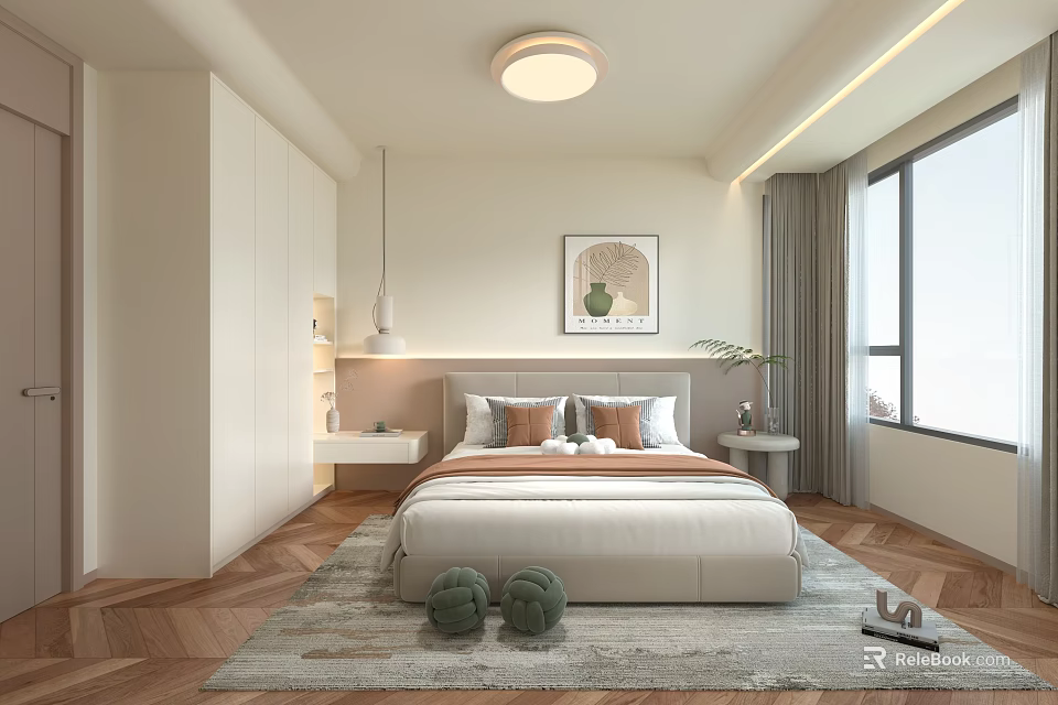 Modern Bedroom Interior Featuring Cozy Bed Pillows Artwork Nightstand And Large Window 3d model