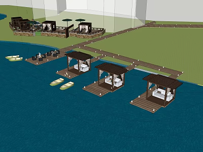 Scenic Waterfront Landscape With Wooden Piers Overwater Cabanas And Boats On Blue Water 3d model