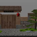 Traditional Wooden Entrance Gate With Thatched Roof Red Lanterns Stone Wall And Pine Tree