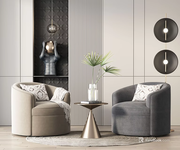 Modern Casual Sofa Set With Round Gray Beige Armchairs Patterned Pillows And Metal Side Table 3d model 