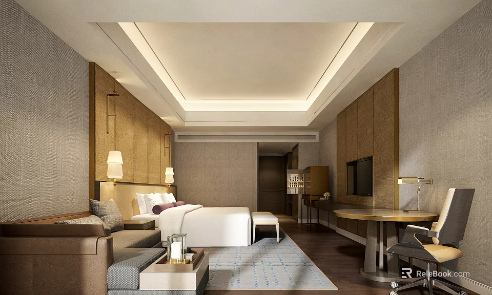 Modern Hotel Room Interior With King Bed Sofa Work Desk And Warm Lighting 3d model