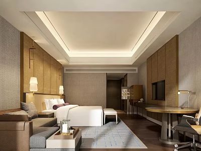 Modern Hotel Room Interior With King Bed Sofa Work Desk And Warm Lighting 3d model