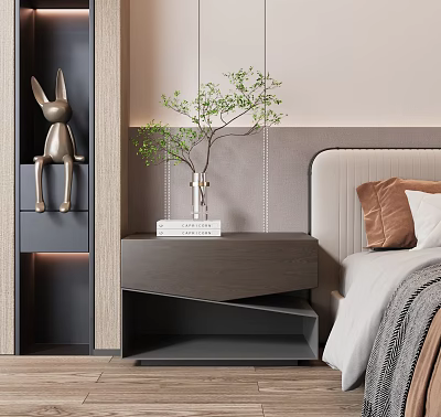 Modern Side Cabinet with Decorative Rabbit Sculpture Green Plant Vase and Books in Stylish Bedroom 3d model
