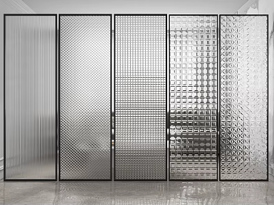 Modern Glass Room Dividers With Black Frames And Various Textured Patterns 3d model