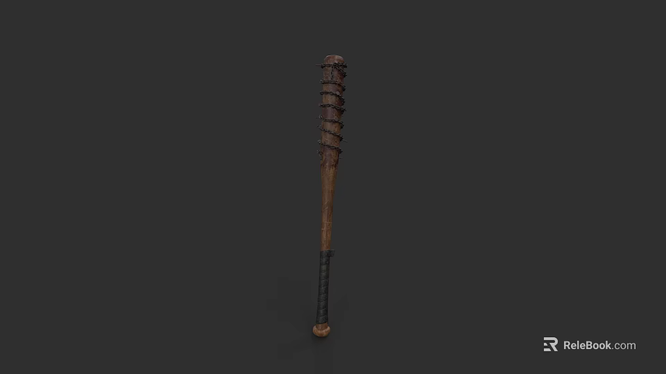 Worn Wooden Baseball Bat Weapon With Wrapped Metal Strips And Black Handle 3d model 
