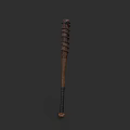 Worn Wooden Baseball Bat Weapon With Wrapped Metal Strips And Black Handle