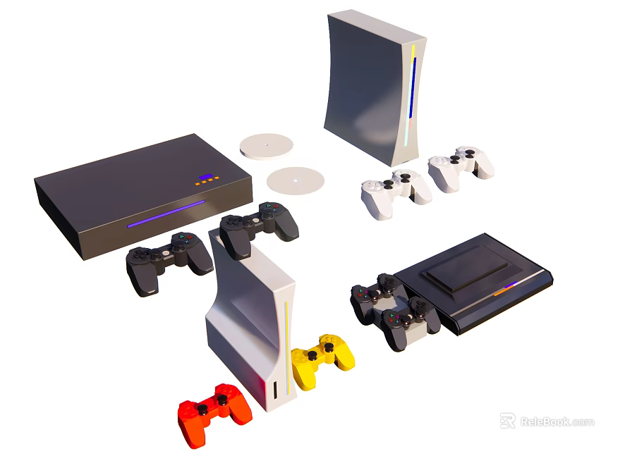 Diverse Entertainment Electronics With Multiple Game Consoles Colorful Controllers And Discs 3d model 