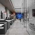 Modern Reception Desk With Company Logo And White Marble Counter On Wooden Textured Wall