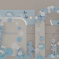 Light Blue White Floral Art Display With Welcome Sign Butterflies Stars Clouds And Balloon Arch