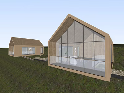Wooden Guesthouse Building With Sloped Roof And Large Glass Windows In Grassland 3d model