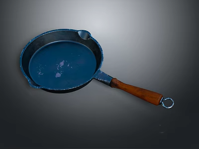 Stylish Blue Frying Pan With Wooden Handle And Round Design For Kitchen Use 3d model
