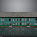 Green Building Featuring Gray Roof Multiple Windows Red Doors and Green Base Reflection