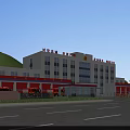 Modern Fire Station Exterior With Red Garage Doors And Large Glass Windows