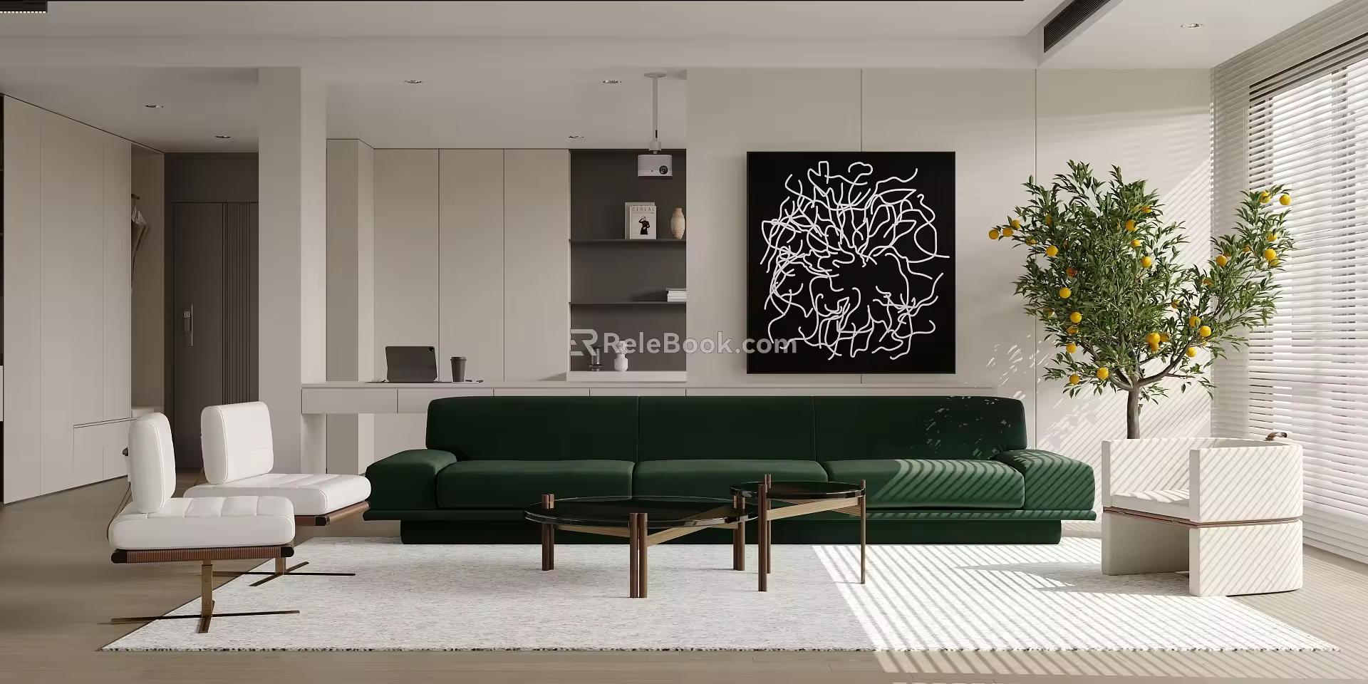 Simple Living Room Sofa Coffee Table Leisure Chair Single Chair Decorative Painting Tree 3d model