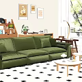 Two Seater Green Leather Sofa in Cozy Living Room with Wall Art Coffee Table