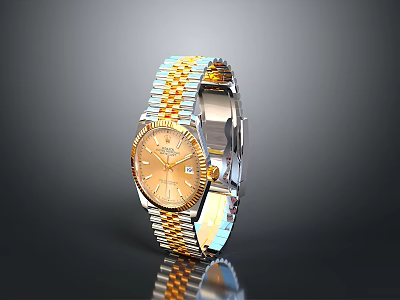 Luxury Wrist Watch With Gold Dial And Two Tone Gold Silver Strap Sleek Design 3d model