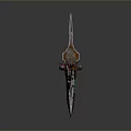 Ornate Ancient Weapon With Long Red Brown Handle And Green Gemstone Adorned Head