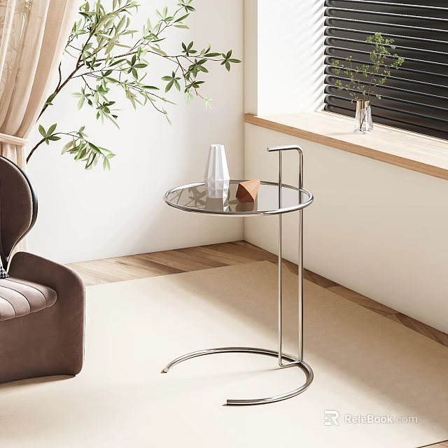 Modern Glass Top Side Table With Metal Frame Near Sofa And Green Plant 3d model 