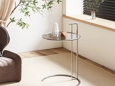 Modern Glass Top Side Table With Metal Frame Near Sofa And Green Plant 3d model