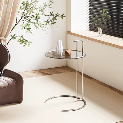 Modern Glass Top Side Table With Metal Frame Near Sofa And Green Plant 3d model