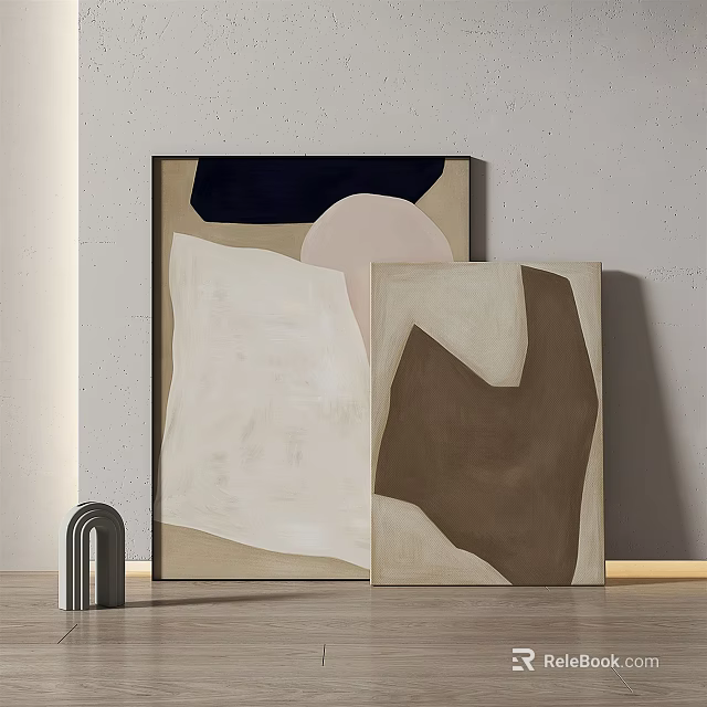 Modern Abstract Paintings With Geometric Shapes On Gray Wall And Metal Decor 3d model 