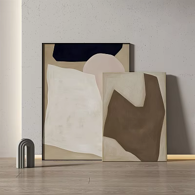 Modern Abstract Paintings With Geometric Shapes On Gray Wall And Metal Decor 3d model