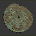 Ancient Bronze Mirror Featuring Intricate Patterns Greenish Patina And Red Motifs