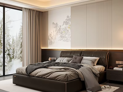 Modern Bedroom Interior Large Windows Snowy Forest View Decorative Wall Art Dark Headboard Cozy Bedding 3d model