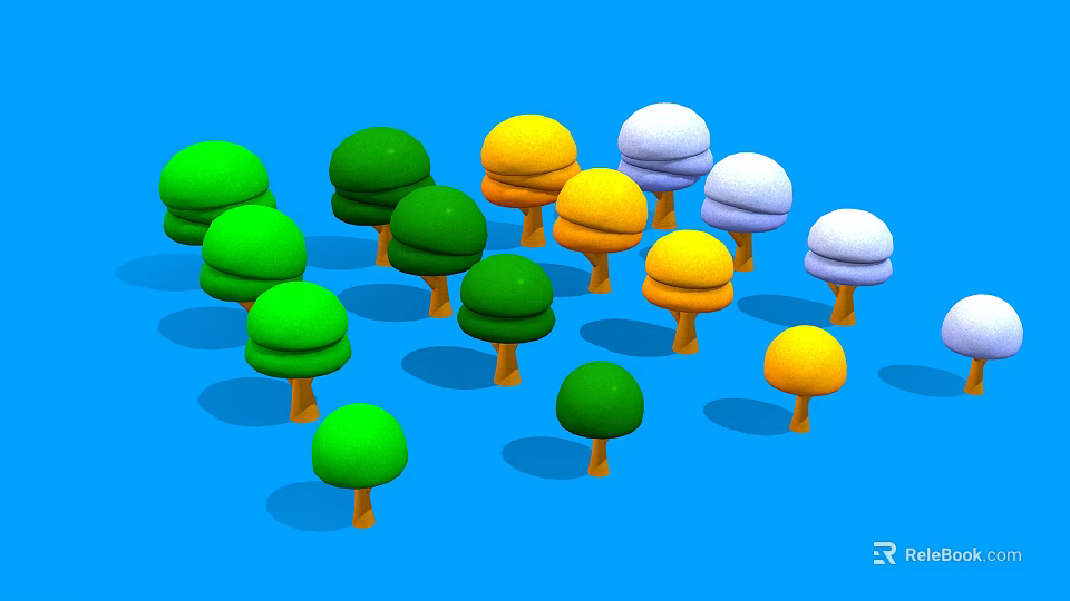 Vibrant Colorful Trees in Various Shades with Green Yellow Purple Hues on Blue Background 3d model 