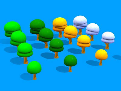 Vibrant Colorful Trees in Various Shades with Green Yellow Purple Hues on Blue Background 3d model