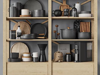Organized Kitchenware On Wooden Shelves With Pots Bowls Mugs Plates Coffee Machine Jars 3d model